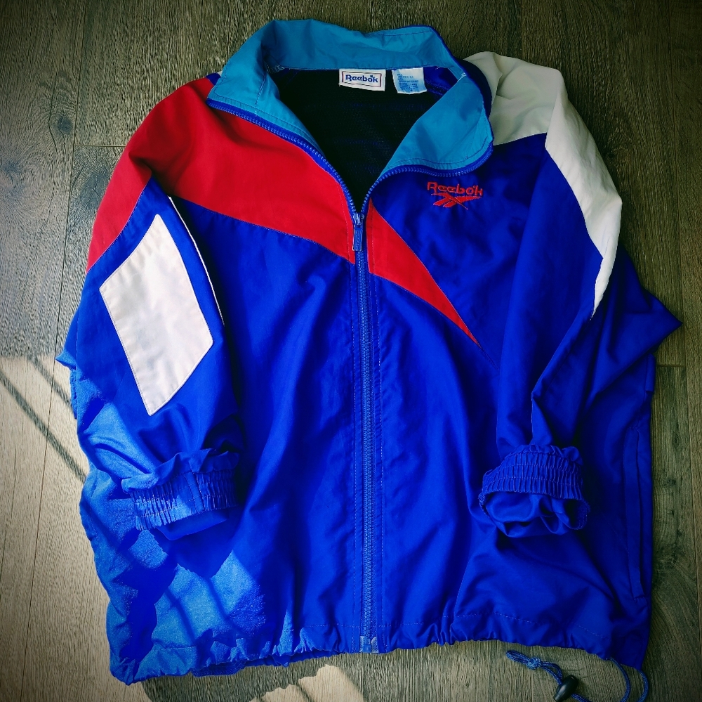 Vintage 1990s Reebok Windbreaker Track Jacket Blue Red and White